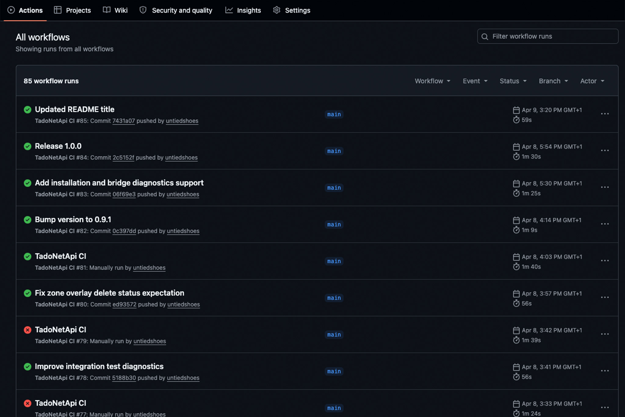 Tado .NET API GitHub workflow tests overview - test